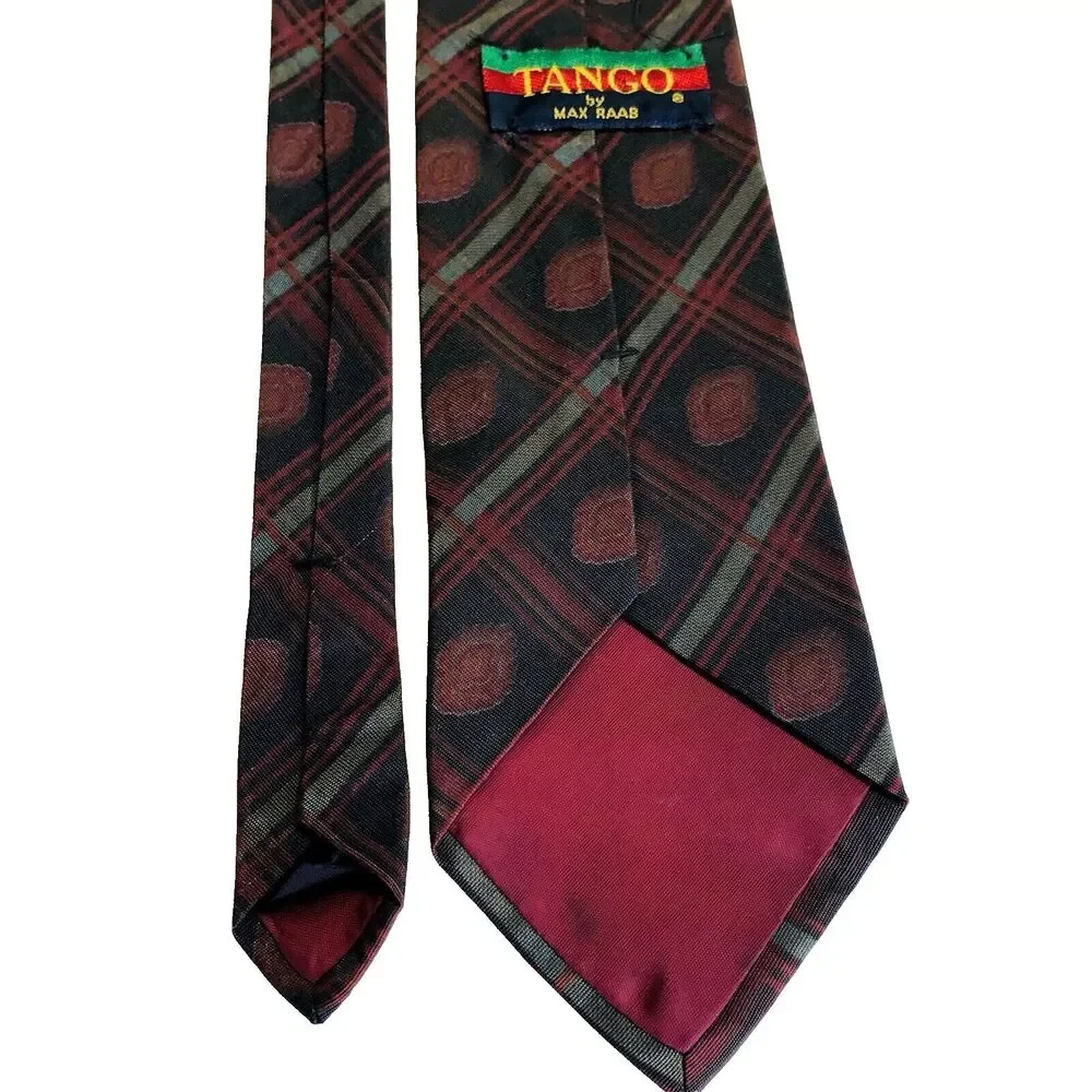 Tango Max Raab Tie Vintage Plaid Cherry Rayon Black Brown Red Vegas Casino Mafia
